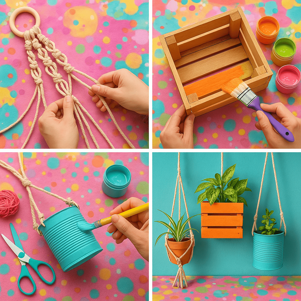 Hands crafting DIY projects: macramé, painting a wooden box, and decorating hanging planters against a colorful backdrop.