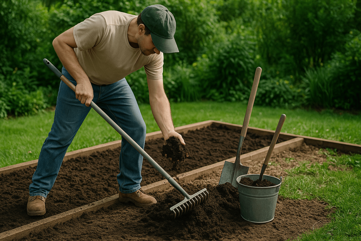 A person in a light shirt and cap is gardening, scooping dark soil into their hand, with gardening tools and a bucket nearby.