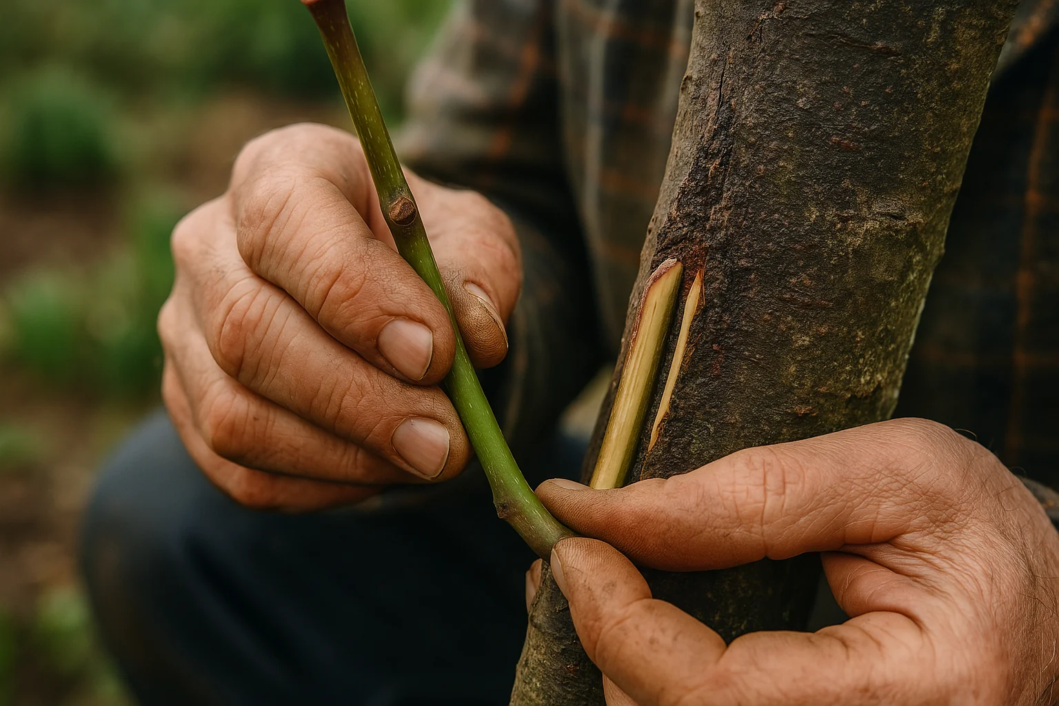 A farmer's hands skillfully grafting a green twig onto the bark of a tree, demonstrating traditional horticultural techniques.