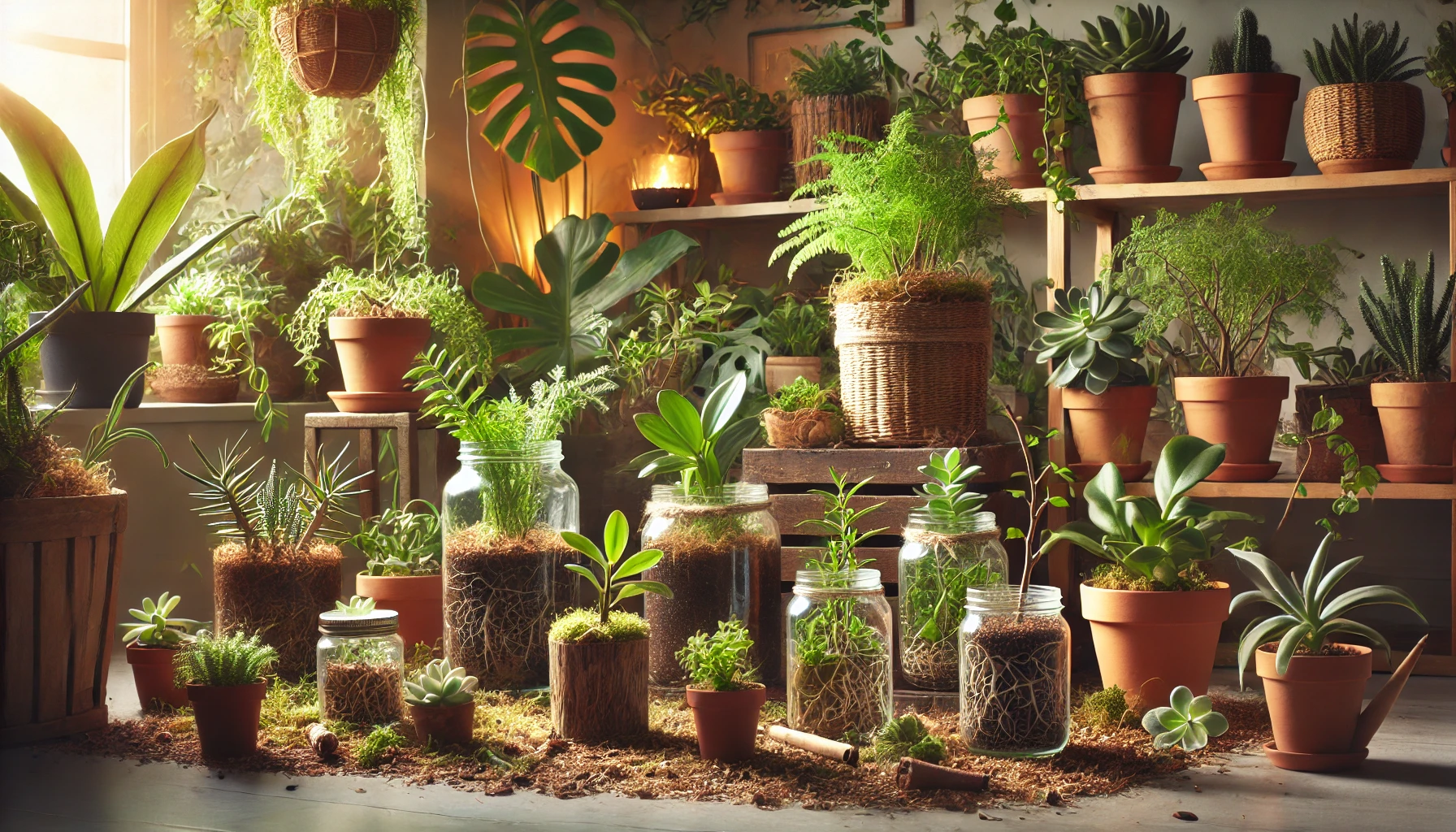 A vibrant indoor garden filled with various plants in pots and jars, showcasing lush greenery and intricate root systems, illuminated by soft light.