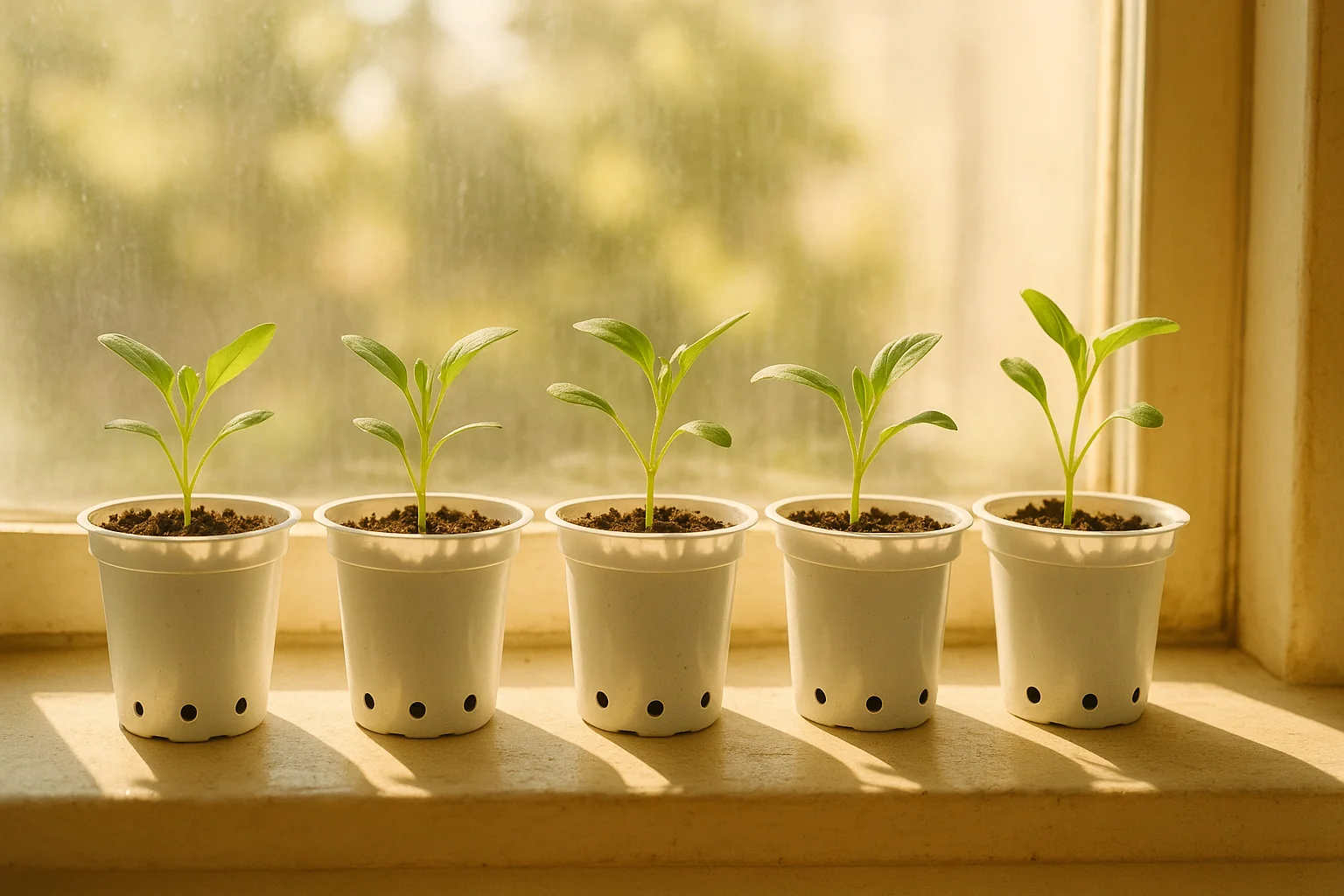 Five small green seedlings in white pots sit on a sunlit windowsill, with soft shadows casting on the surface below.