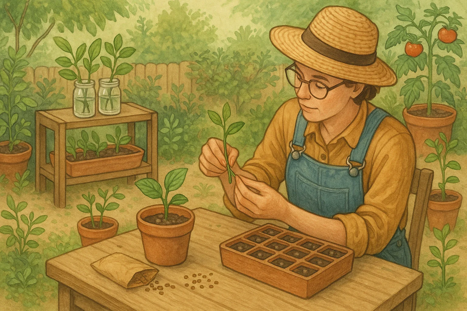 A person in a straw hat and overalls examines a plant cutting, surrounded by potted plants and garden tools, in a lush garden setting.