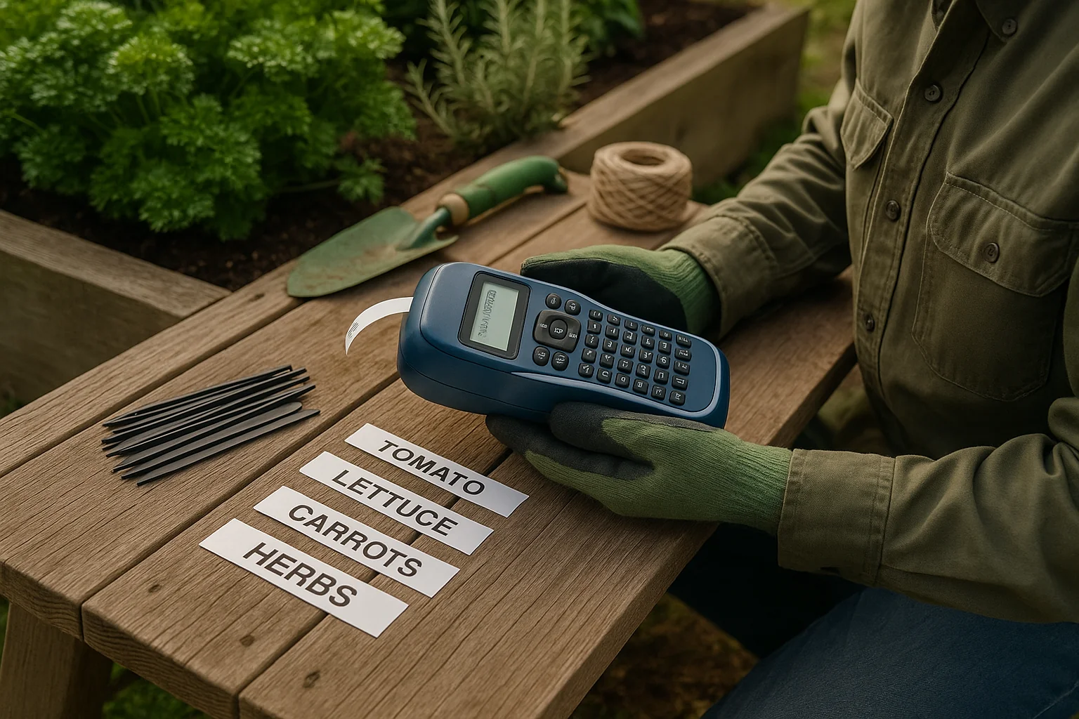 A gloved gardener holds a label maker over potting labels for tomatoes, lettuce, carrots, and herbs, amidst a garden setting.