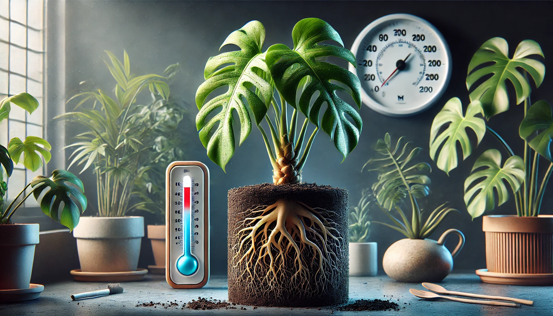 A vibrant monstera plant with healthy roots grows from the soil, beside a thermometer and potted plants in a sunlit room.