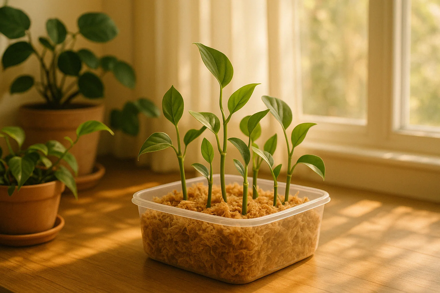 Bright green seedlings grow in a transparent container filled with soft, fluffy substrate, set against a sunlit window.