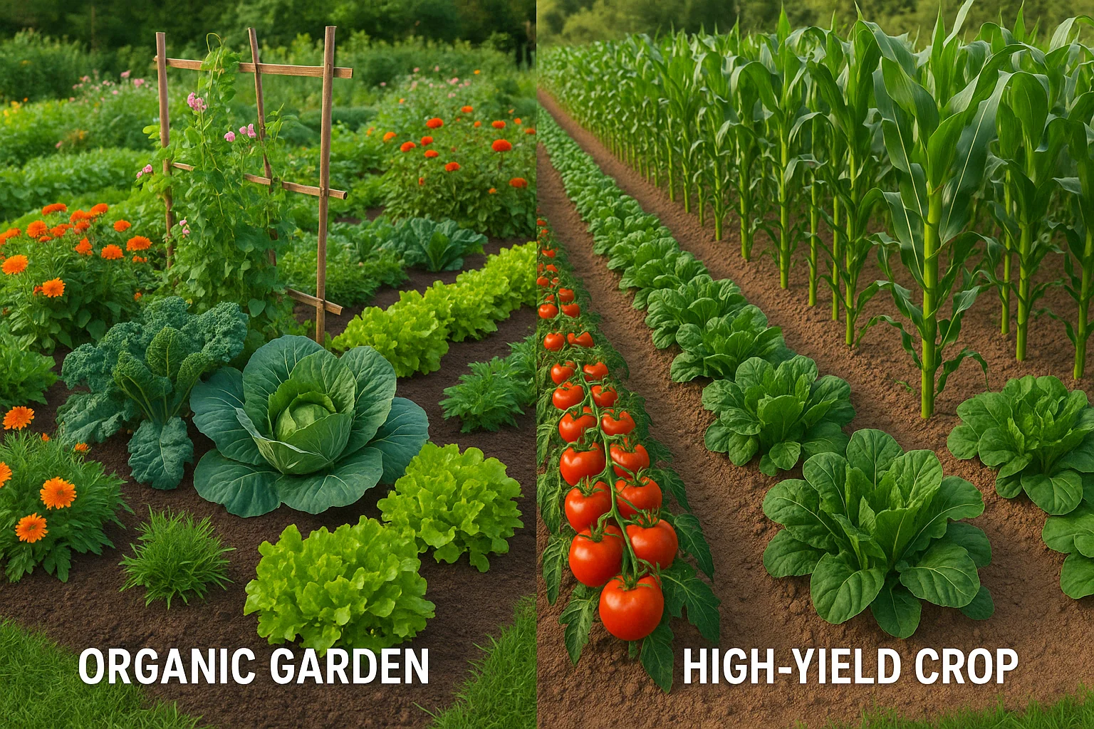 A vibrant organic garden with diverse vegetables and flowers on the left, contrasted with a neatly organized high-yield crop field on the right.