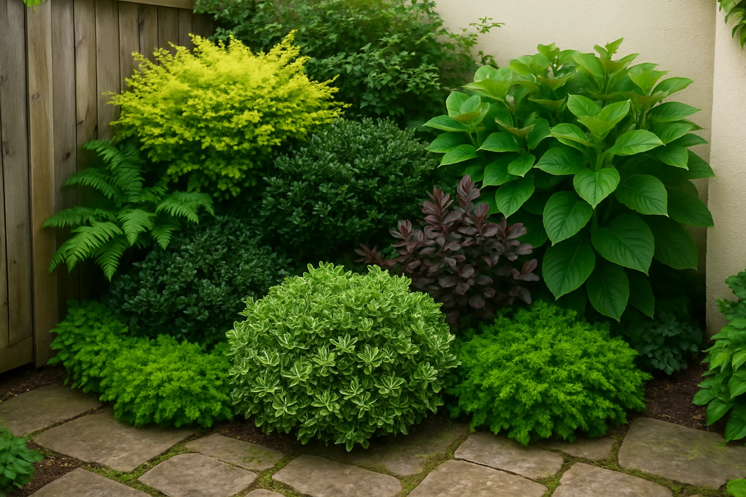 A lush garden corner featuring vibrant green and yellow shrubs, ferns, and leafy plants arranged around stone pathways.