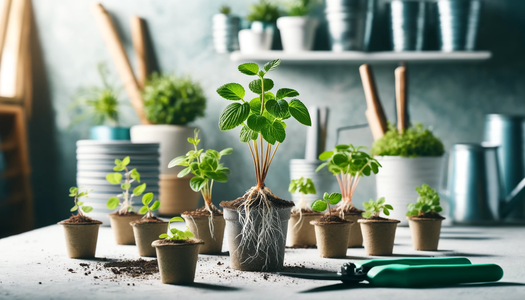 A vibrant indoor gardening scene features various young plants in biodegradable pots, with a prominent plant showcasing its roots.