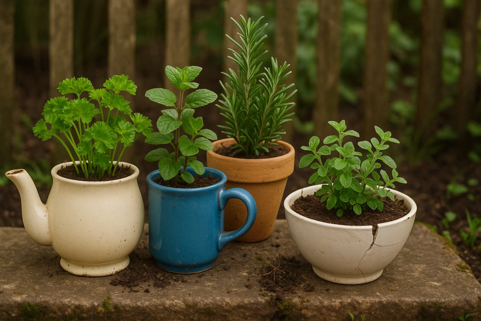 Four herb plants in unique pots: parsley in a white teapot, mint in a blue mug, rosemary in a terracotta pot, and oregano in a cracked bowl.