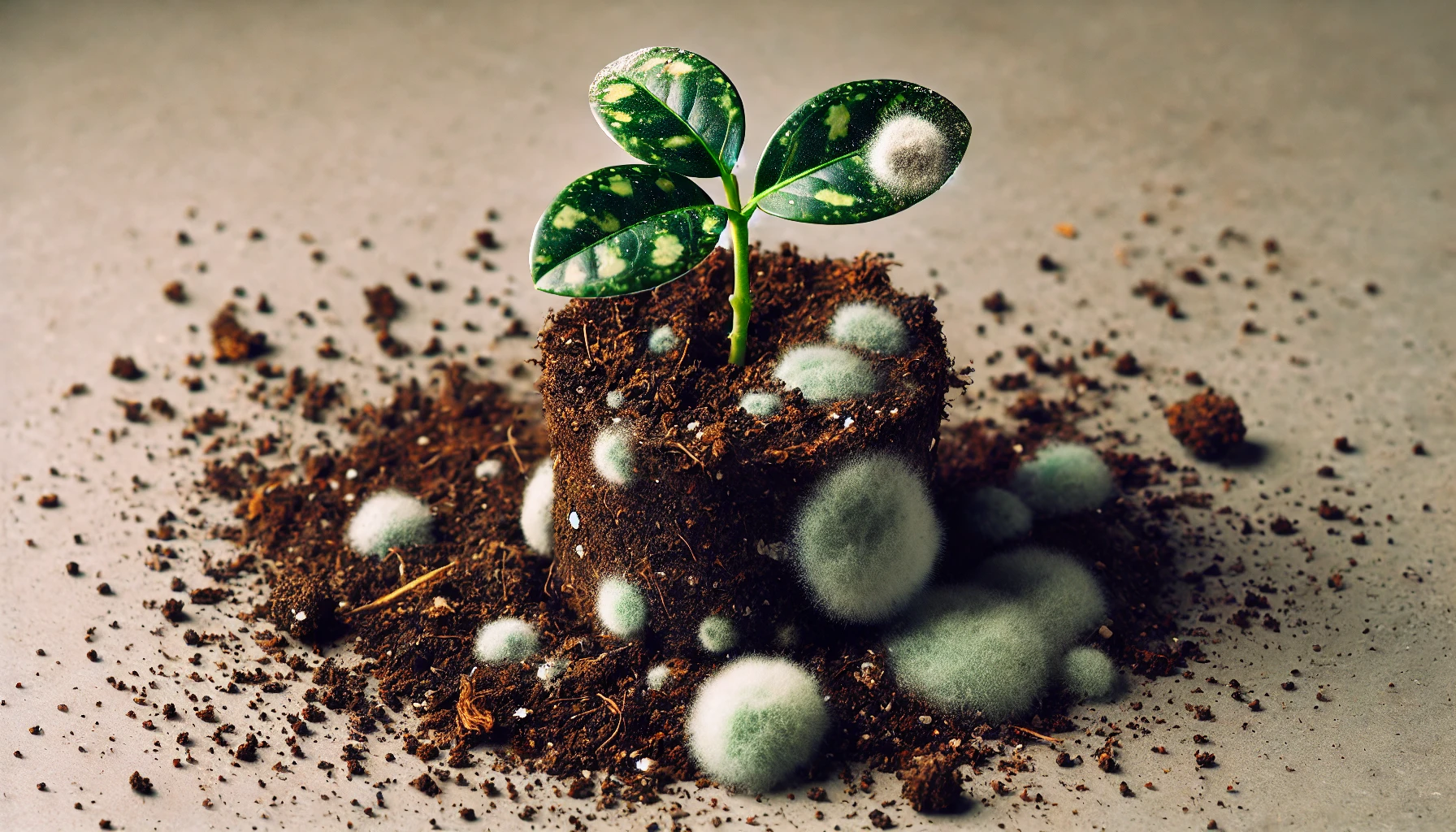 A small green plant sprouting from dark soil, surrounded by fluffy white mold, highlighting a contrast between growth and decay.