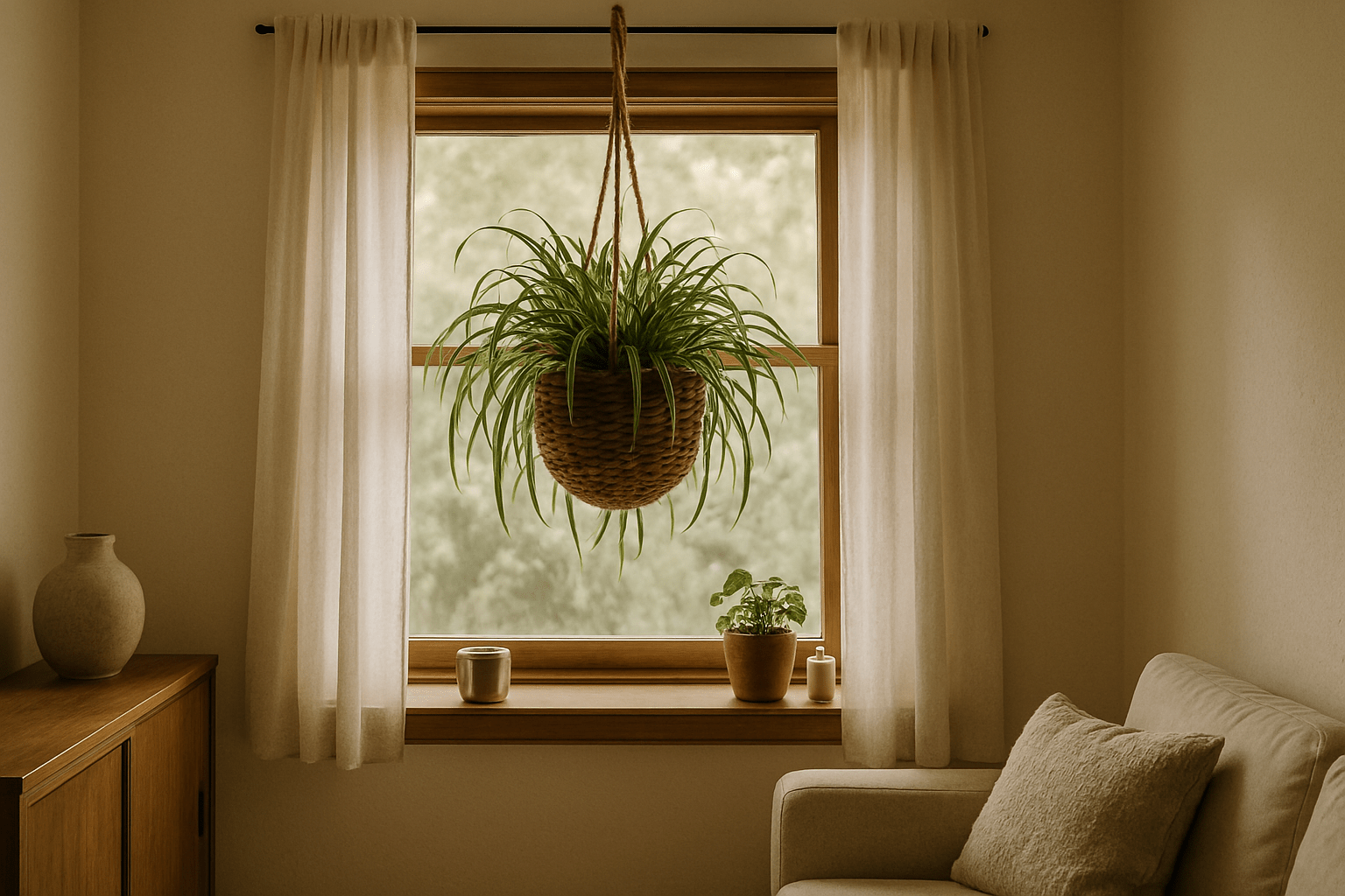 Cozy indoor scene featuring a hanging plant near a softly lit window, with a potted plant and candle on the sill.