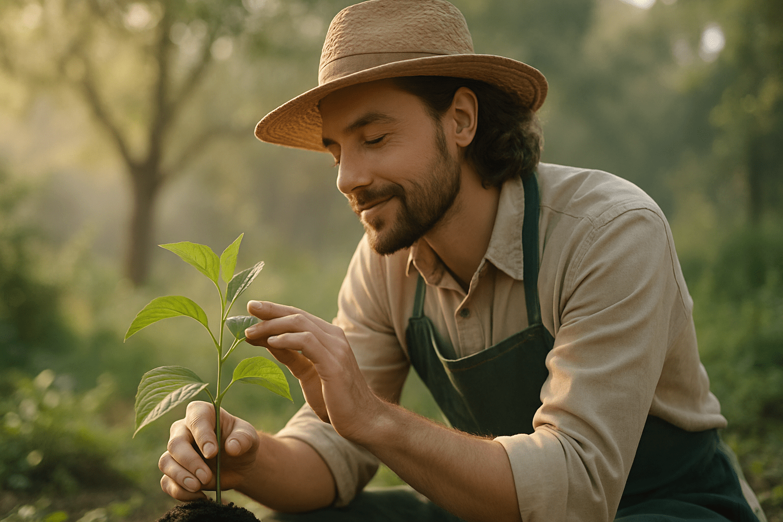 A person in a straw hat carefully tends to a young green plant in rich soil, surrounded by a serene natural setting.