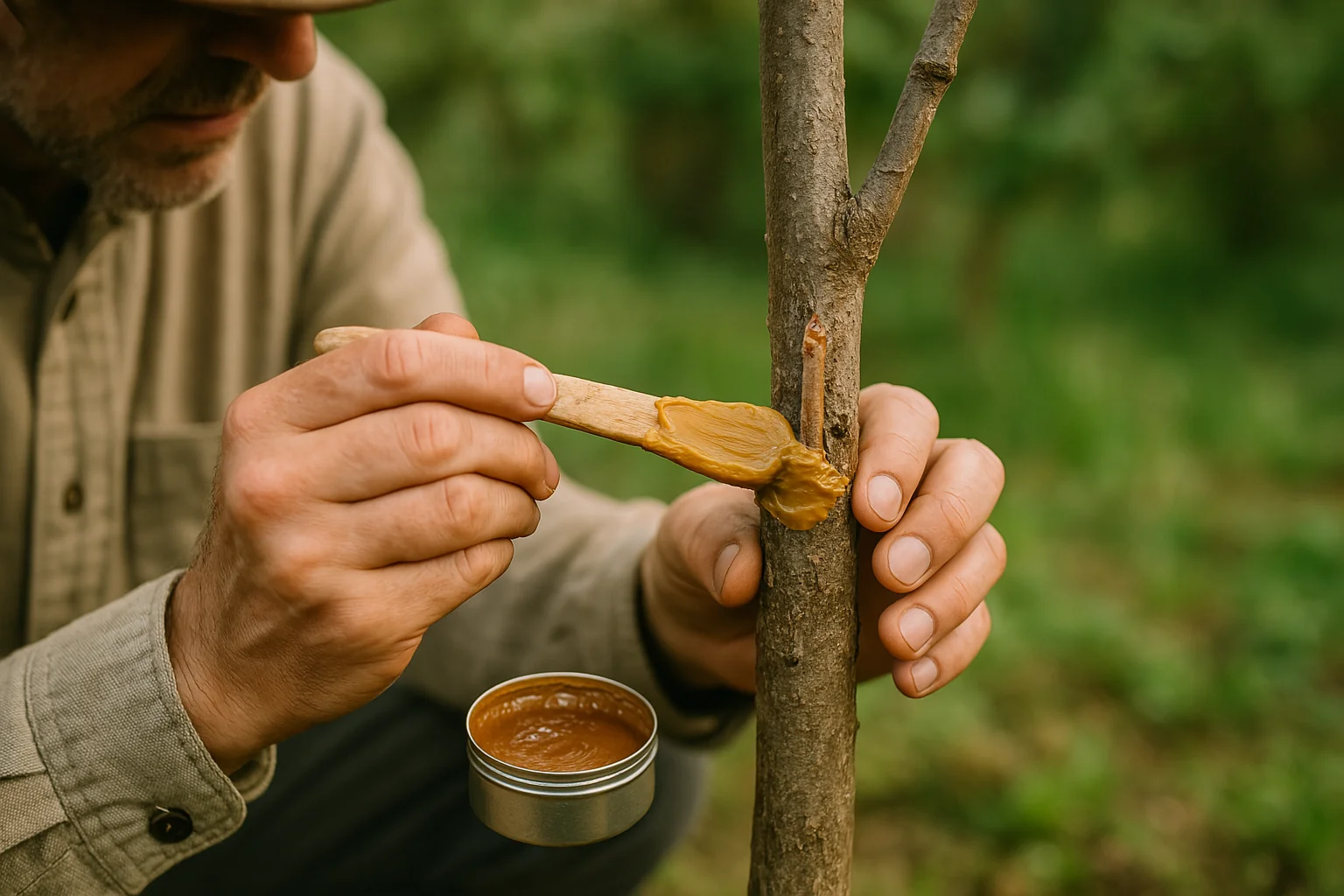 A person applies tree wound paste with a wooden stick to a trunk, promoting tree health in a green outdoor setting.