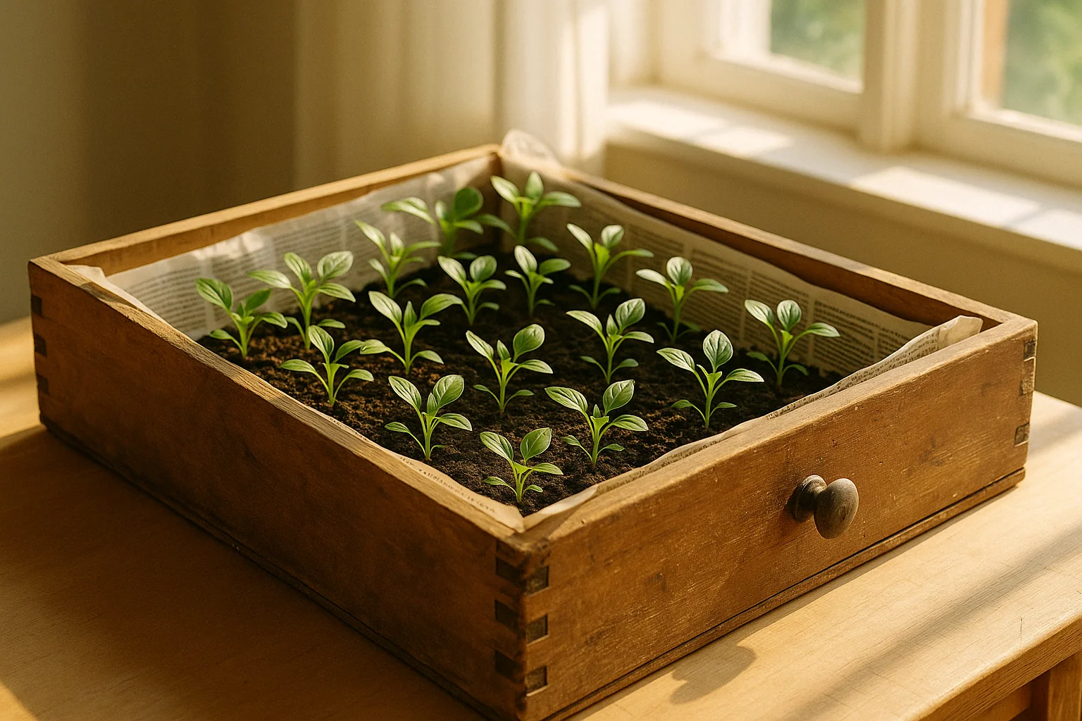 A wooden box filled with small green seedlings, resting on a table near a sunlit window.