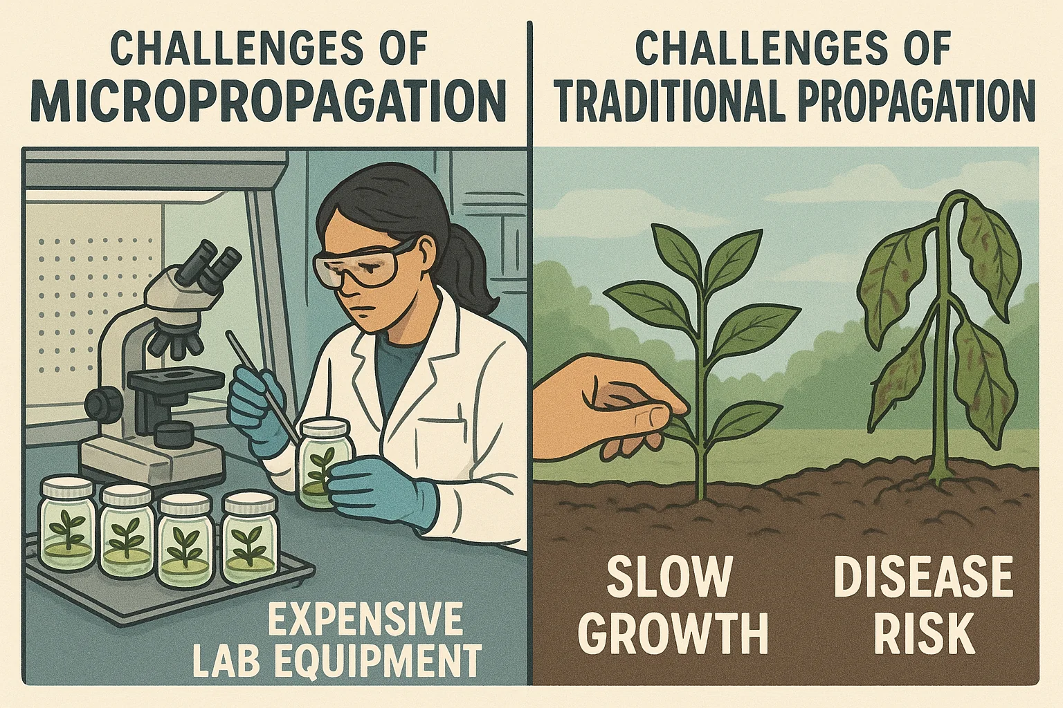 Illustration comparing challenges of micropropagation, highlighting expensive lab equipment, and traditional propagation with slow growth and disease risk.