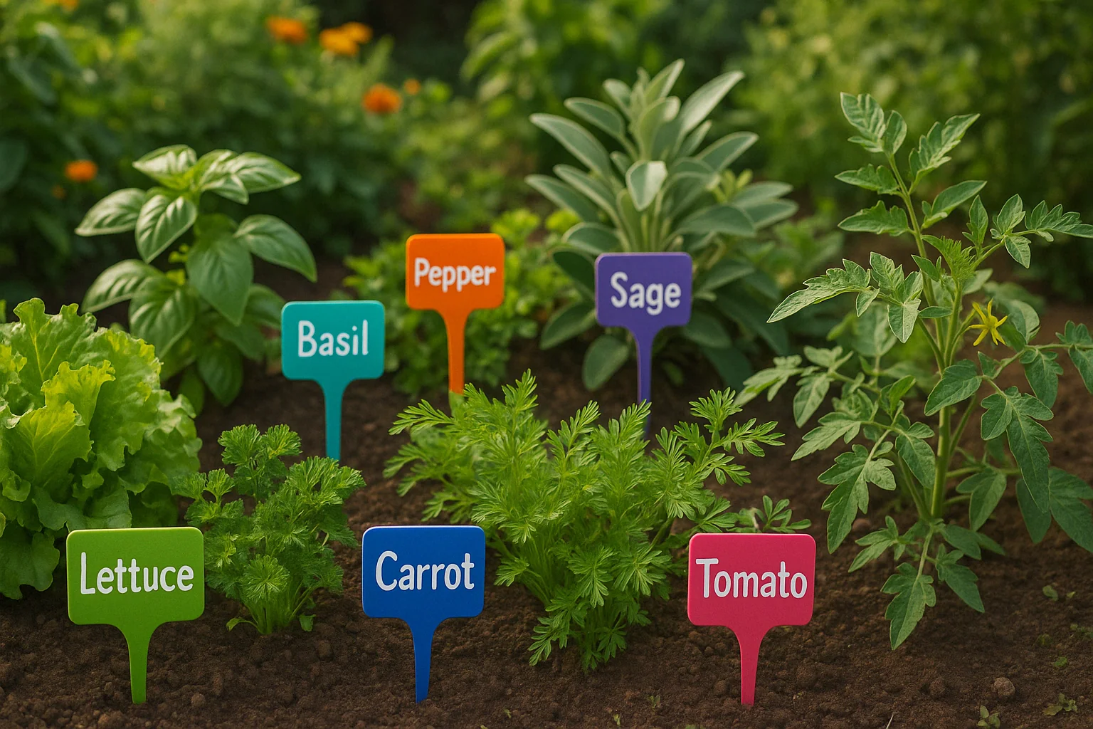 A vibrant garden featuring labeled herbs and vegetables, including basil, lettuce, carrot, sage, tomato, and pepper, all thriving in soil.