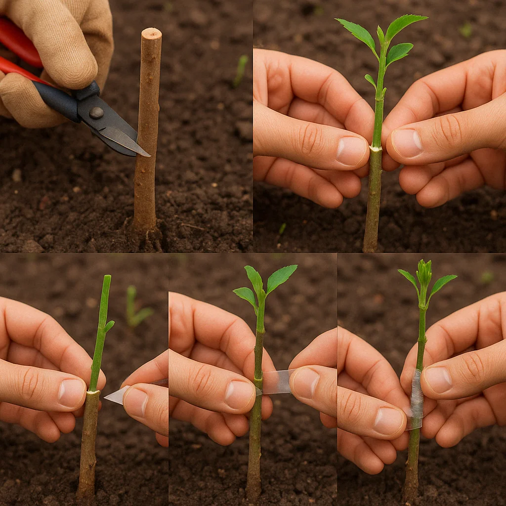 A sequence of steps showing a person grafting a plant: cutting, securing, and wrapping a sprout onto a root stock in rich soil.