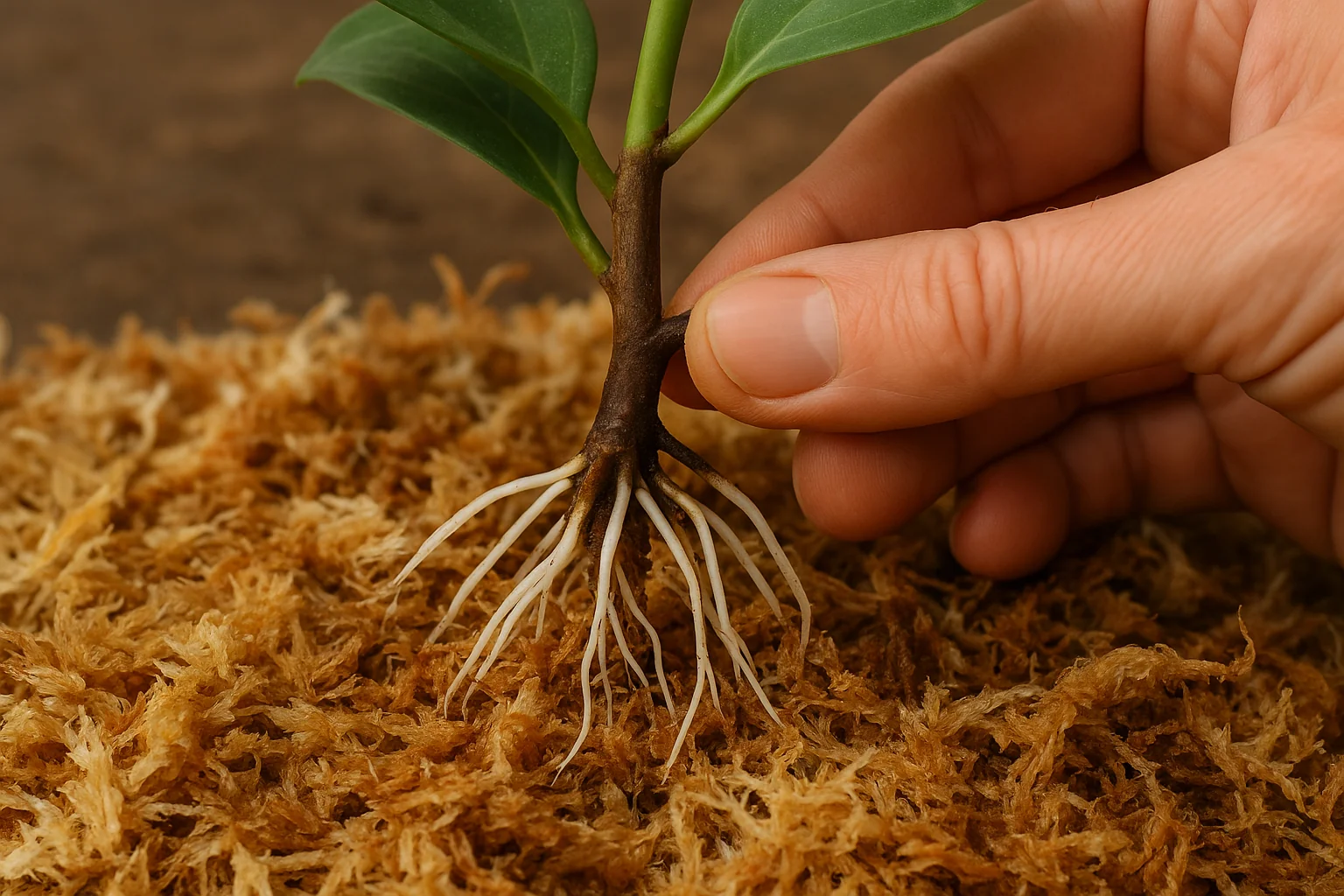 A hand gently holds a young plant's roots above a bed of moss, highlighting the delicate interplay of growth and nurturing.