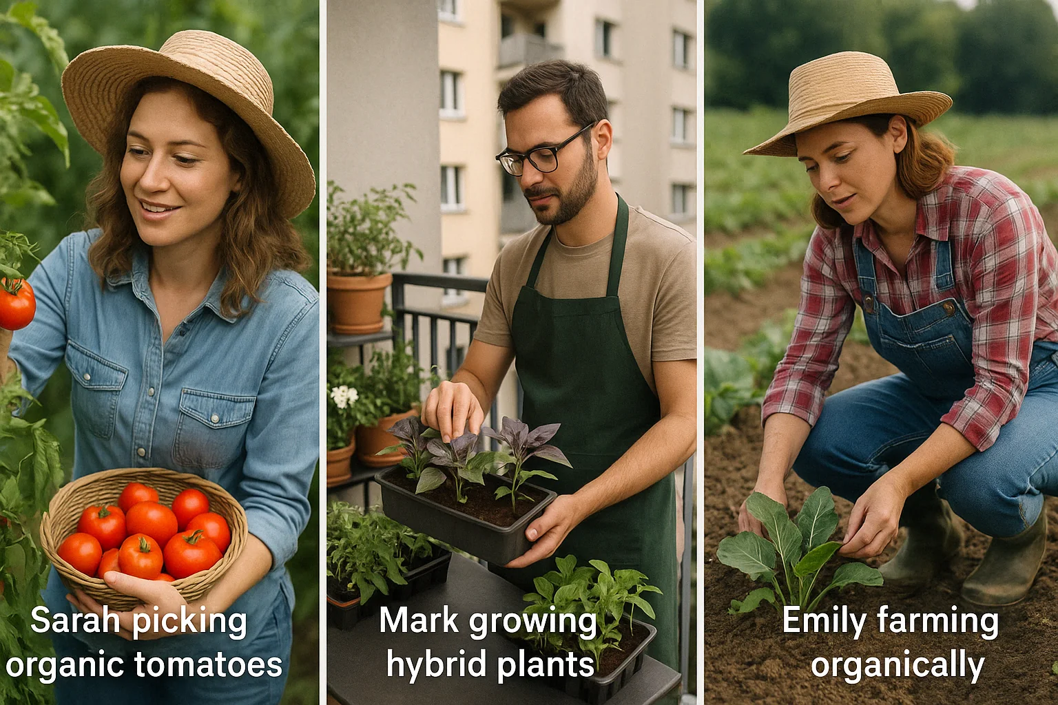 Three images featuring individuals engaged in agriculture: picking tomatoes, nurturing hybrid plants, and planting crops.