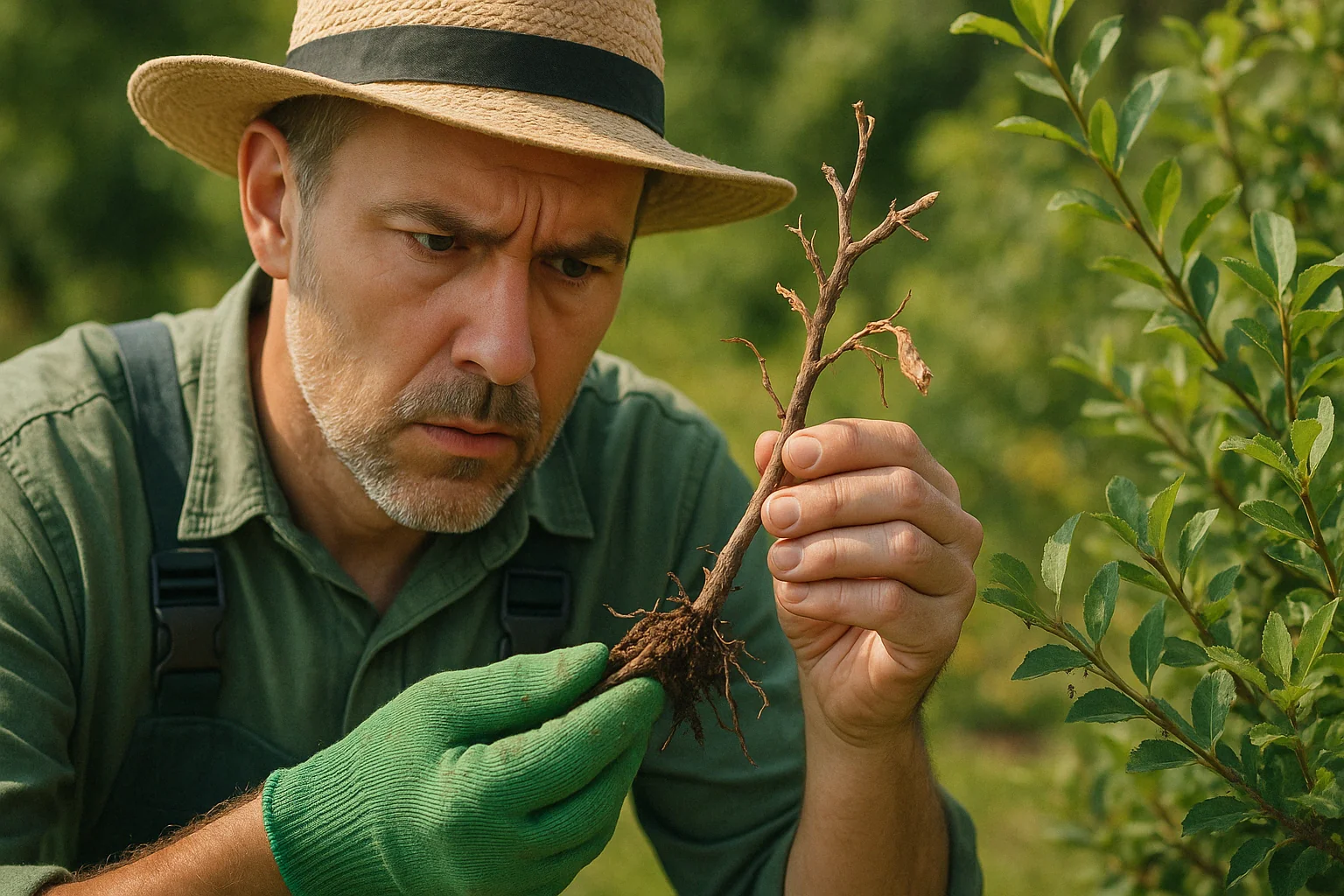 A person in a straw hat and green gloves examines a small, bare-root plant in a lush garden setting.
