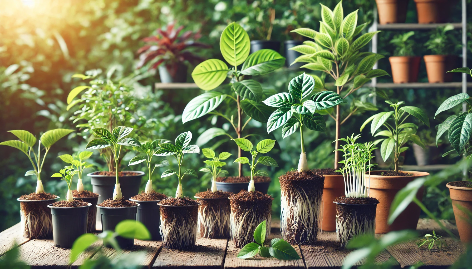 A variety of potted plants in sunlight, showcasing lush green leaves and visible roots, arranged on a rustic wooden table.
