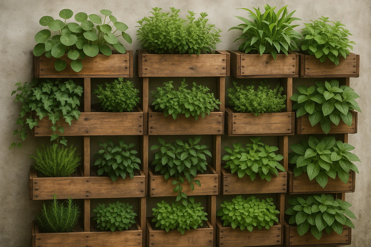 A vertical garden featuring an array of lush green herbs and plants in wooden boxes against a textured wall background.