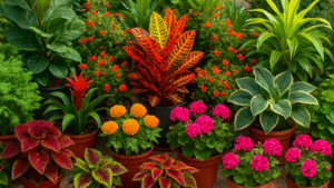 A vibrant array of potted plants featuring red, orange, pink flowers, and lush green leaves in a garden setting.