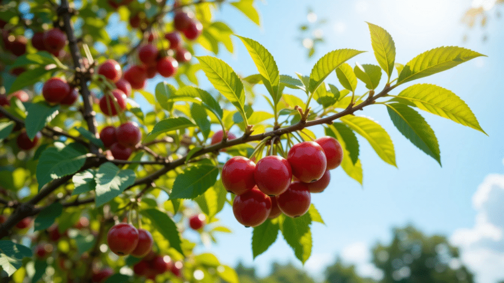 A close-up of a branch with clusters of bright red cherries and vibrant green leaves under a sunny blue sky.
