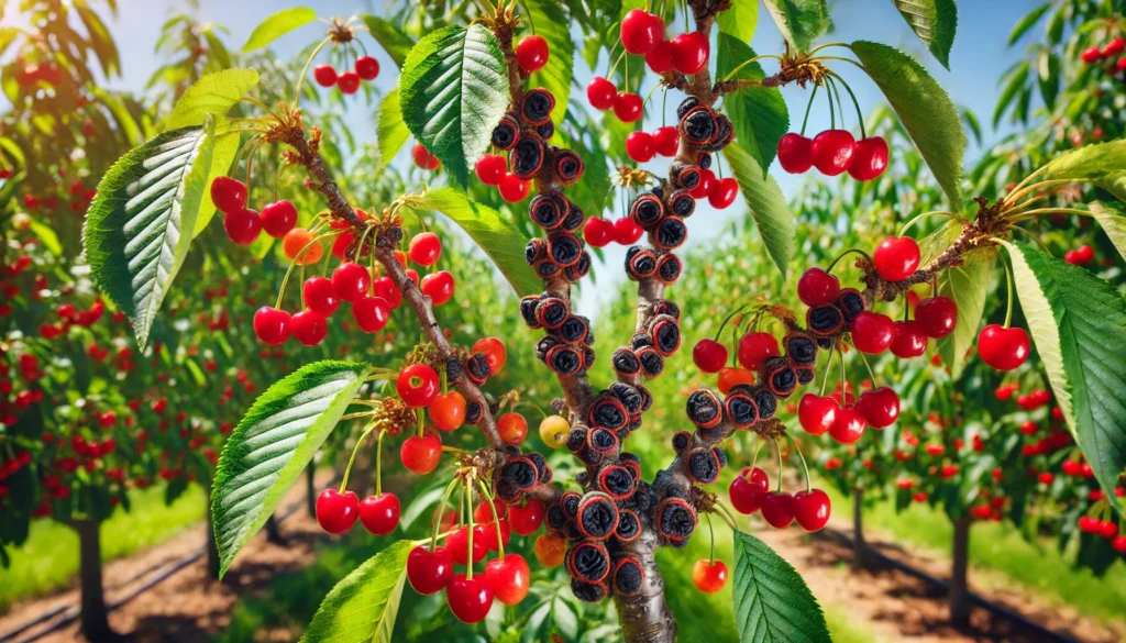 A vibrant cherry tree laden with bright red cherries and lush green leaves, surrounded by a sunny orchard background.