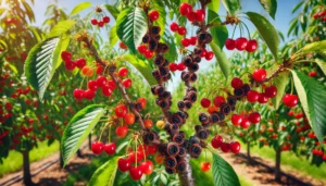 A vibrant cherry tree laden with bright red cherries and lush green leaves, surrounded by a sunny orchard background.