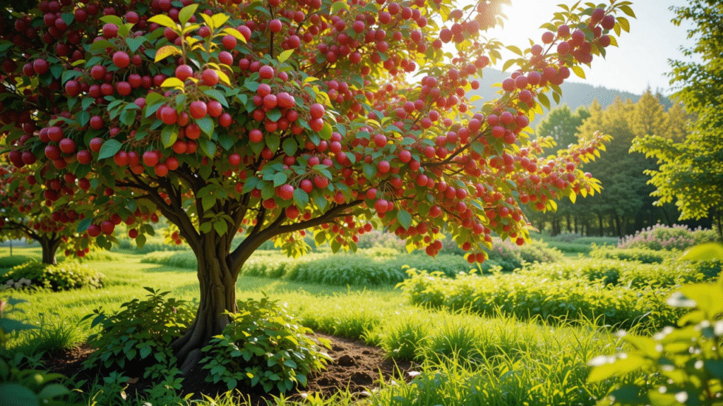 A vibrant tree laden with bright red fruit stands amidst lush green grass, illuminated by warm sunlight in a serene garden setting.