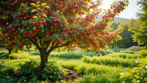 A vibrant tree laden with bright red fruit stands amidst lush green grass, illuminated by warm sunlight in a serene garden setting.