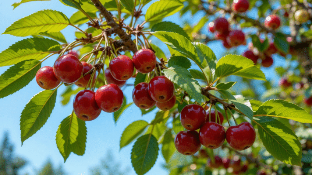 A close-up of a cherry tree branch loaded with bright red cherries, surrounded by lush green leaves against a clear blue sky.