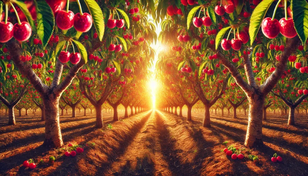 A sunlit cherry orchard with vibrant red cherries hanging from lush green trees, casting long shadows on the earthy path below.