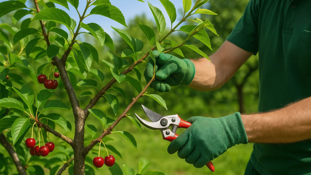 A person in green gloves prunes a cherry tree branch with red cherries, surrounded by lush greenery.