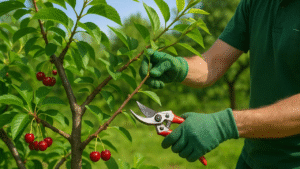A person in green gloves prunes a cherry tree branch with red cherries, surrounded by lush greenery.