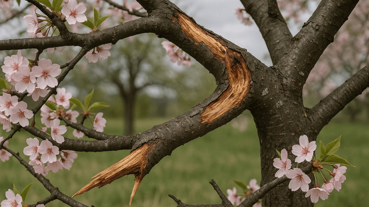 A close-up of a cherry tree branch with vibrant pink blossoms, showcasing a weathered, jagged bark section.