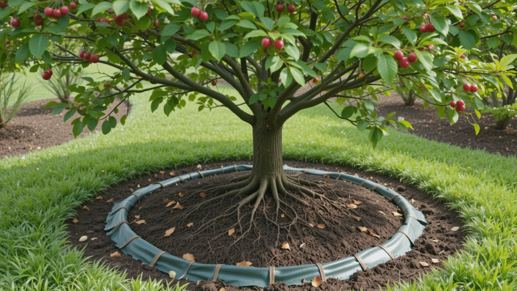 A young fruit tree with red berries stands above a circular mulch bed, bordered with a green protective edging, surrounded by lush grass.