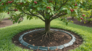 A young fruit tree with red berries stands above a circular mulch bed, bordered with a green protective edging, surrounded by lush grass.