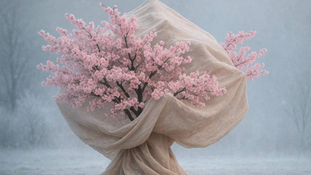 A delicate pink cherry blossom tree wrapped in soft beige fabric, set against a misty blue background, creating a serene atmosphere.