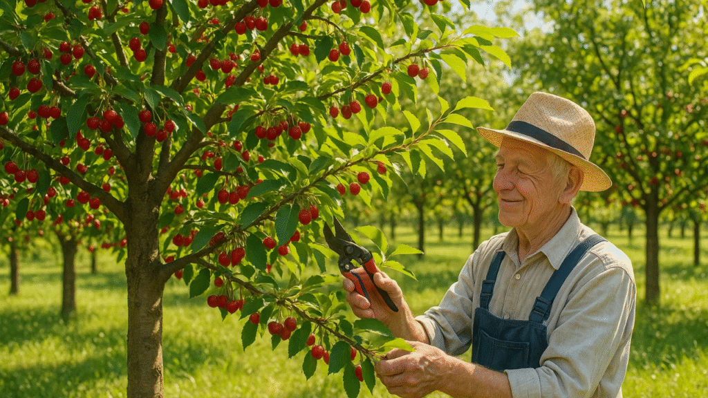 A farmer in a straw hat prunes a cherry tree laden with ripe red cherries, surrounded by lush green orchards under bright sunlight.