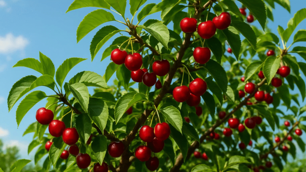 A close-up of a cherry tree branch laden with bright red cherries and lush green leaves against a clear blue sky.