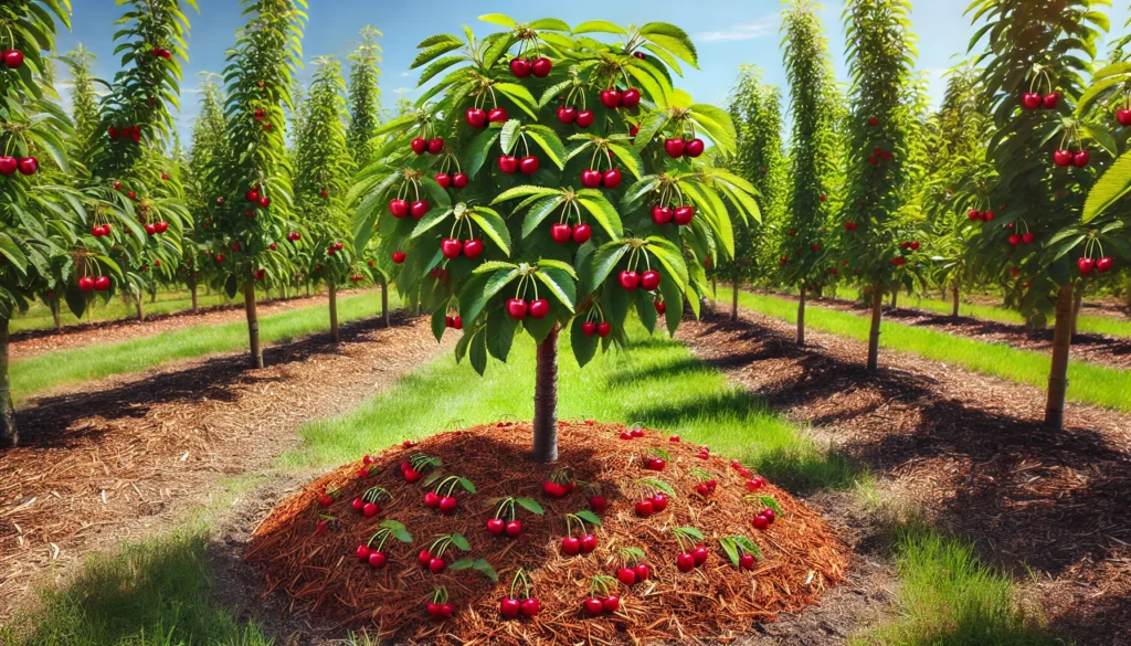 A cherry tree laden with ripe cherries stands amid rows of similar trees, surrounded by green grass and mulch.