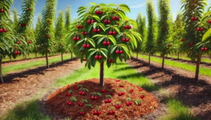 A cherry tree laden with ripe cherries stands amid rows of similar trees, surrounded by green grass and mulch.