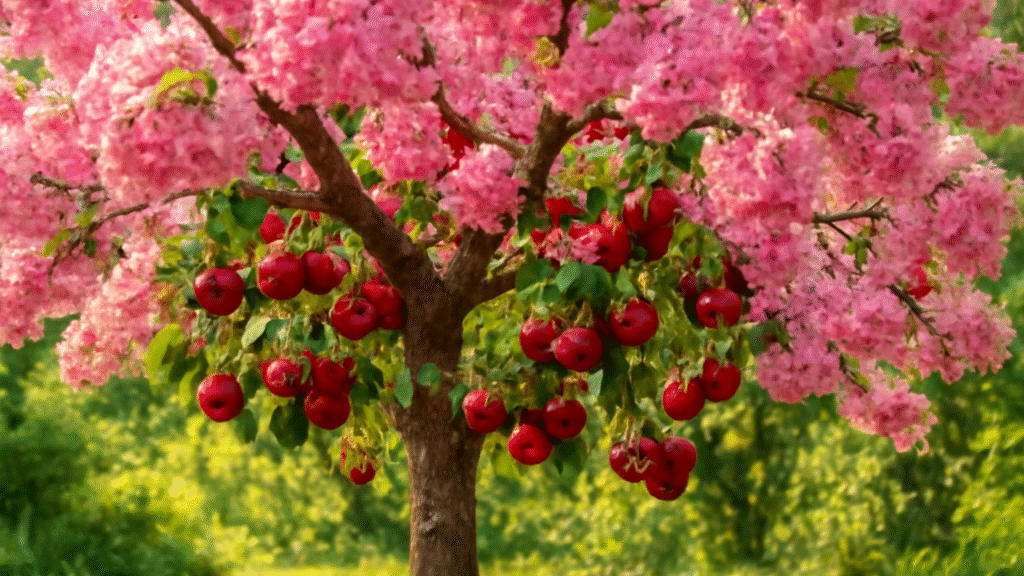 A vibrant tree adorned with pink blossoms and clusters of red apples, set against a lush green backdrop.