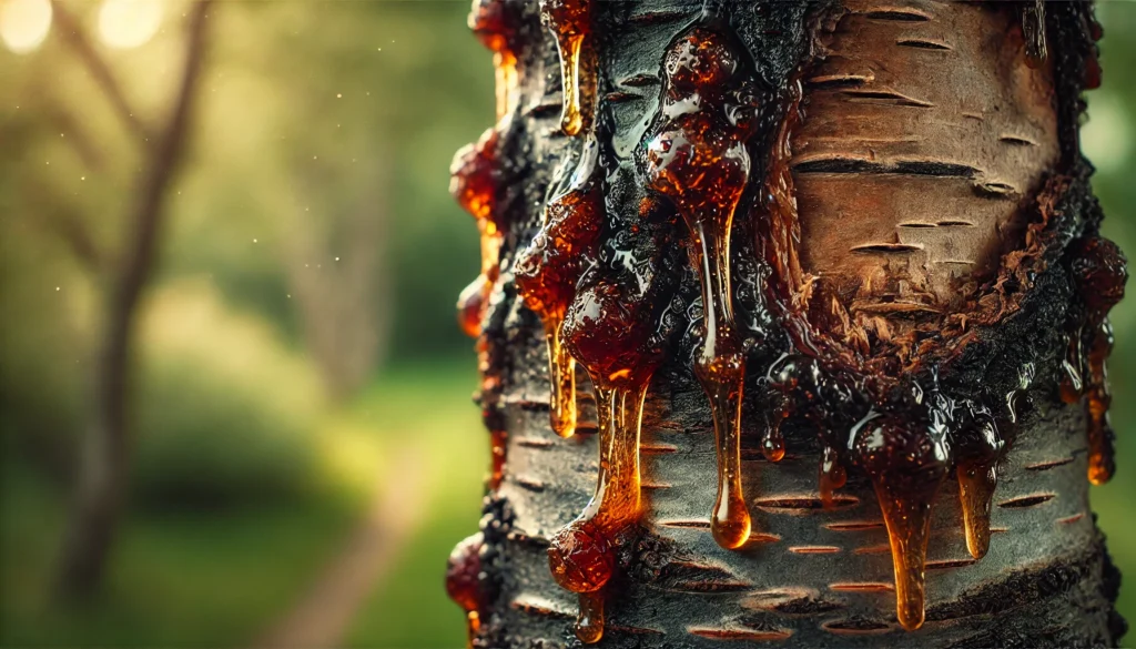 Close-up of a birch tree trunk with golden amber resin dripping down, surrounded by a soft green background with blurred trees.