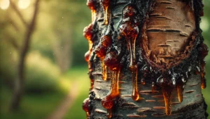 Close-up of a birch tree trunk with golden amber resin dripping down, surrounded by a soft green background with blurred trees.