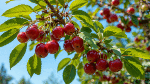 A close-up of a cherry tree branch loaded with bright red cherries, surrounded by lush green leaves against a clear blue sky.