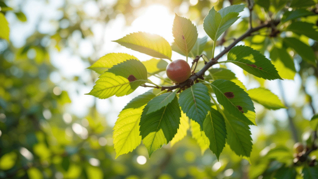 A close-up of vibrant green leaves with a small red fruit, illuminated by sunlight streaming through a blurred background of nature.