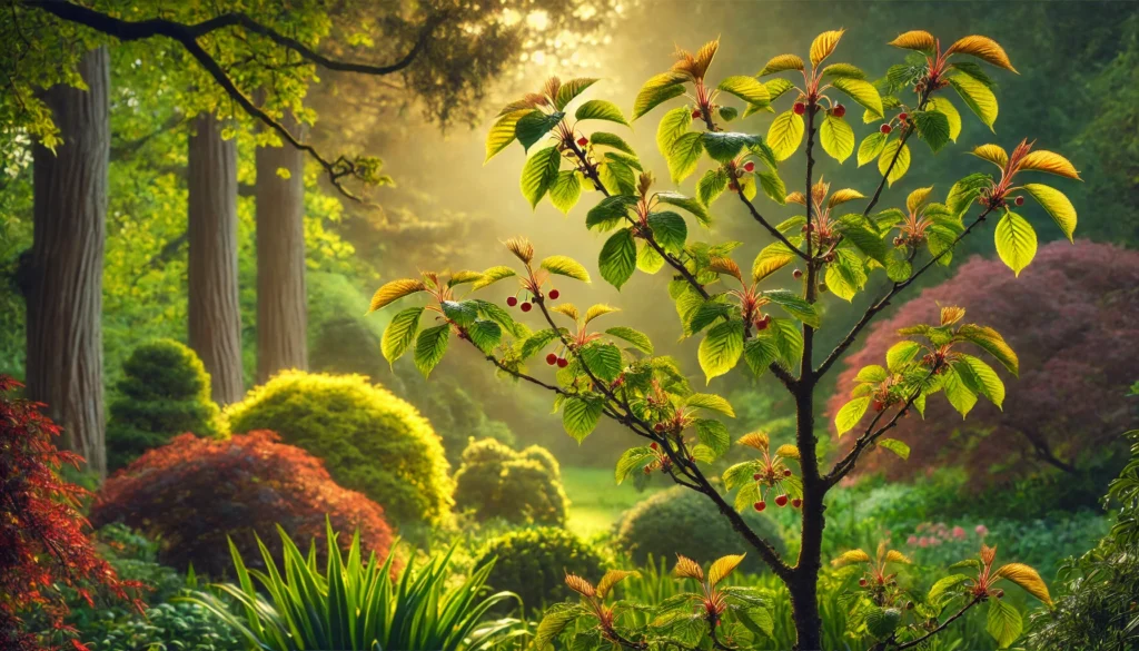 A sunlit garden scene featuring a small tree with vibrant green leaves and red fruits, surrounded by lush foliage and colorful shrubs.